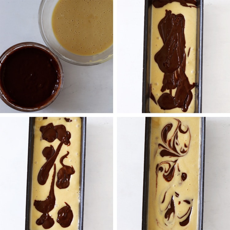 chocolate marble cake batter in pan