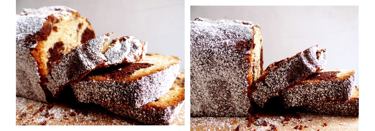 chocolate marble pound cake on cutting board