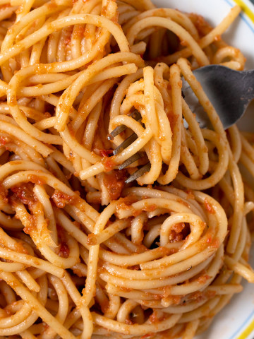 fourchettée de spaghetti aux tomates