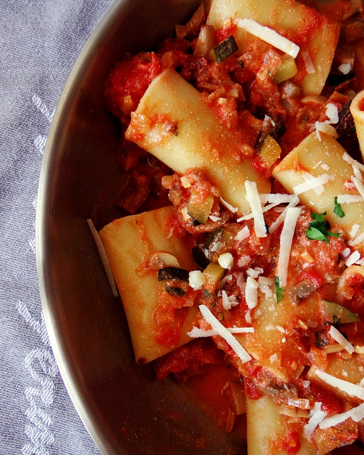 pasta with ricotta and tomato sauce in pan