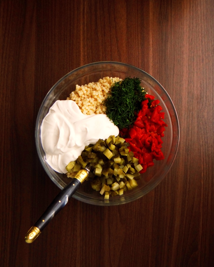 creamy pasta salad in mixing bowl