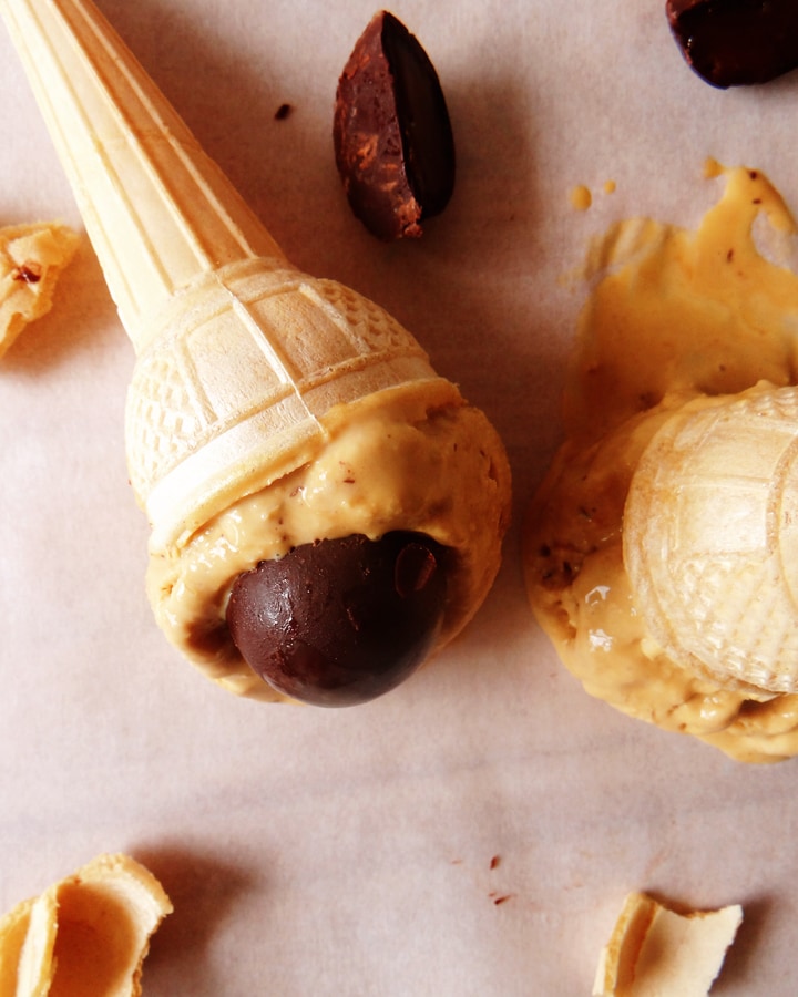 homemade caramel ice cream in cones