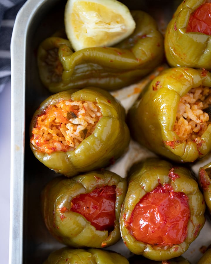 turkish stuffed peppers in pan