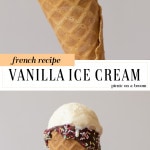 homemade French vanilla ice cream melting in a cone