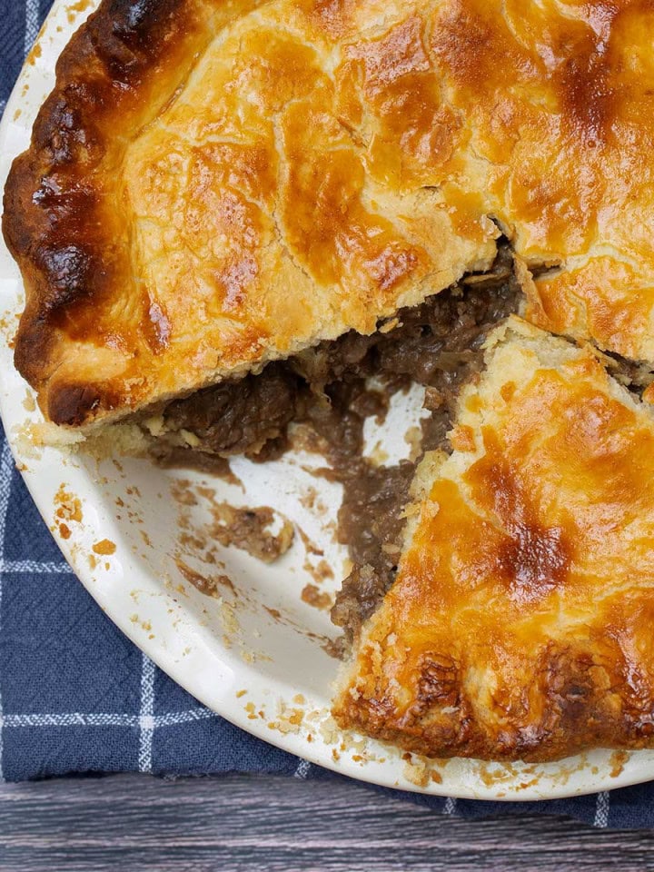 homemade steak and kidney pie in a pan