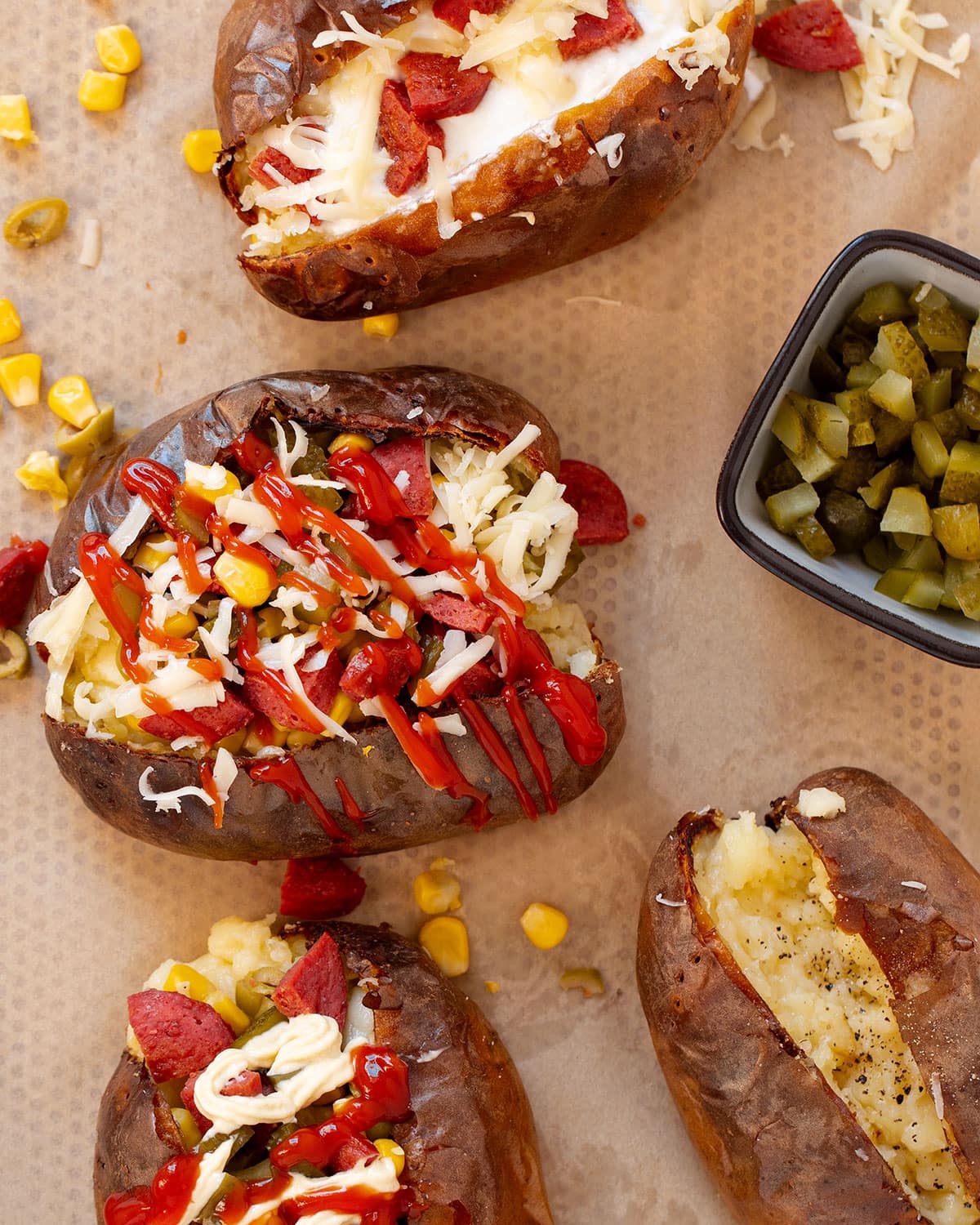 turkish baked potatoes with different toppings